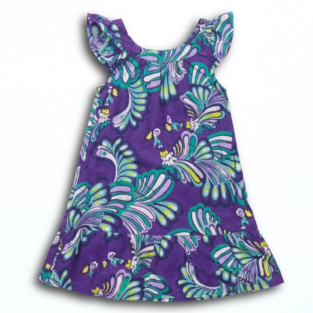 Old Navy Girls Purple Peacock Feather Print Flutter Sleeve Dress Size 6-7 Summer